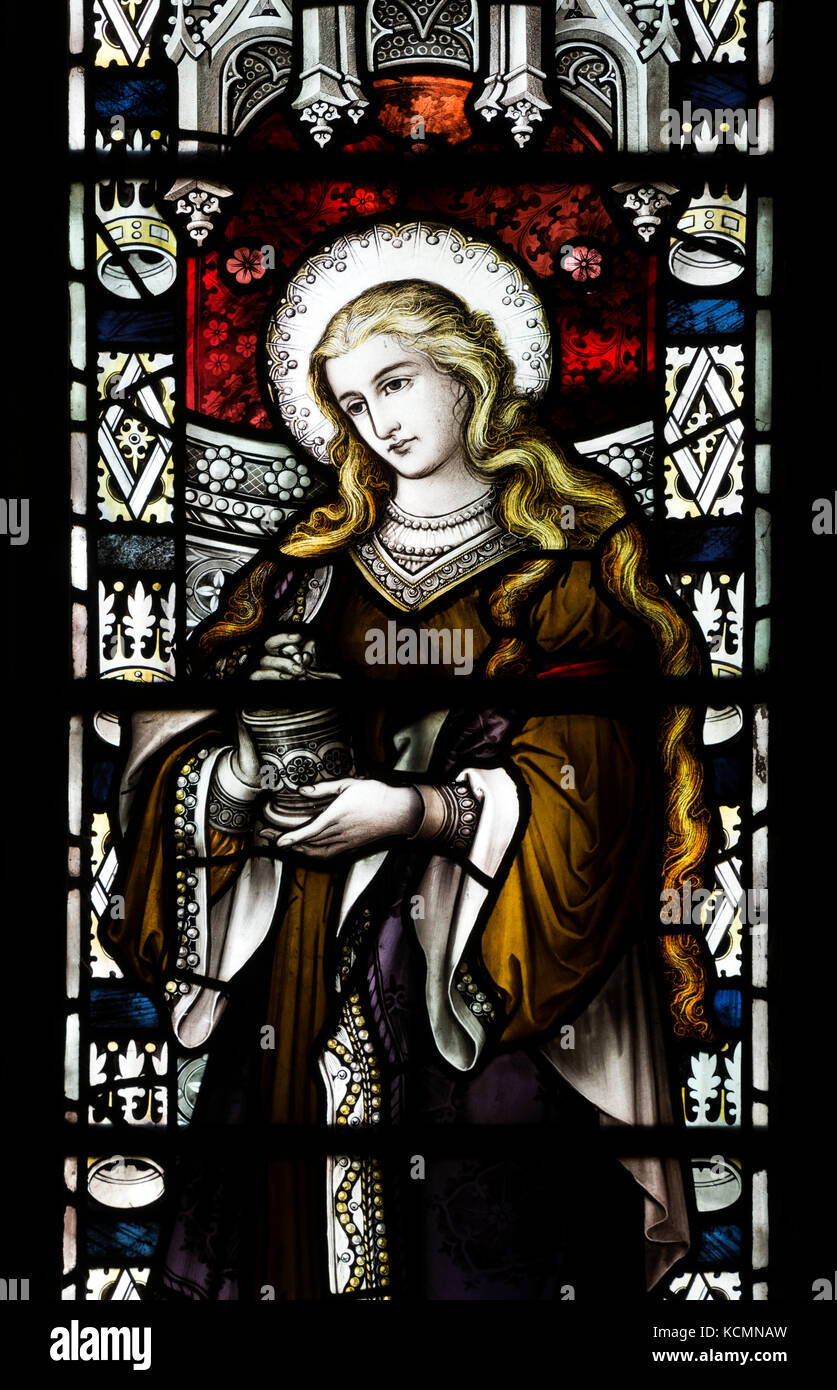 Saint Mary Magdalen stained glass, St. Wilfrid`s Church, North Muskham, Nottinghamshire, England, UK Stock Photo
